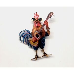 Rooster Guitar Player Brooch Pin Funny Chicken Wearing Sunglasses Novelty Fun